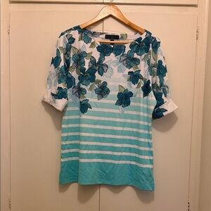 Jones New York Teal Floral Striped Top